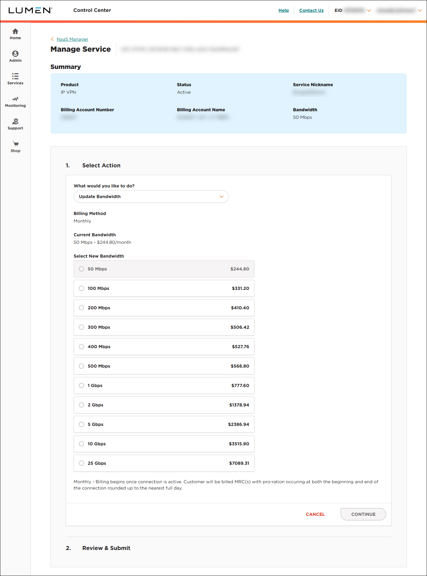 IP VPN On-Demand update bandwidth