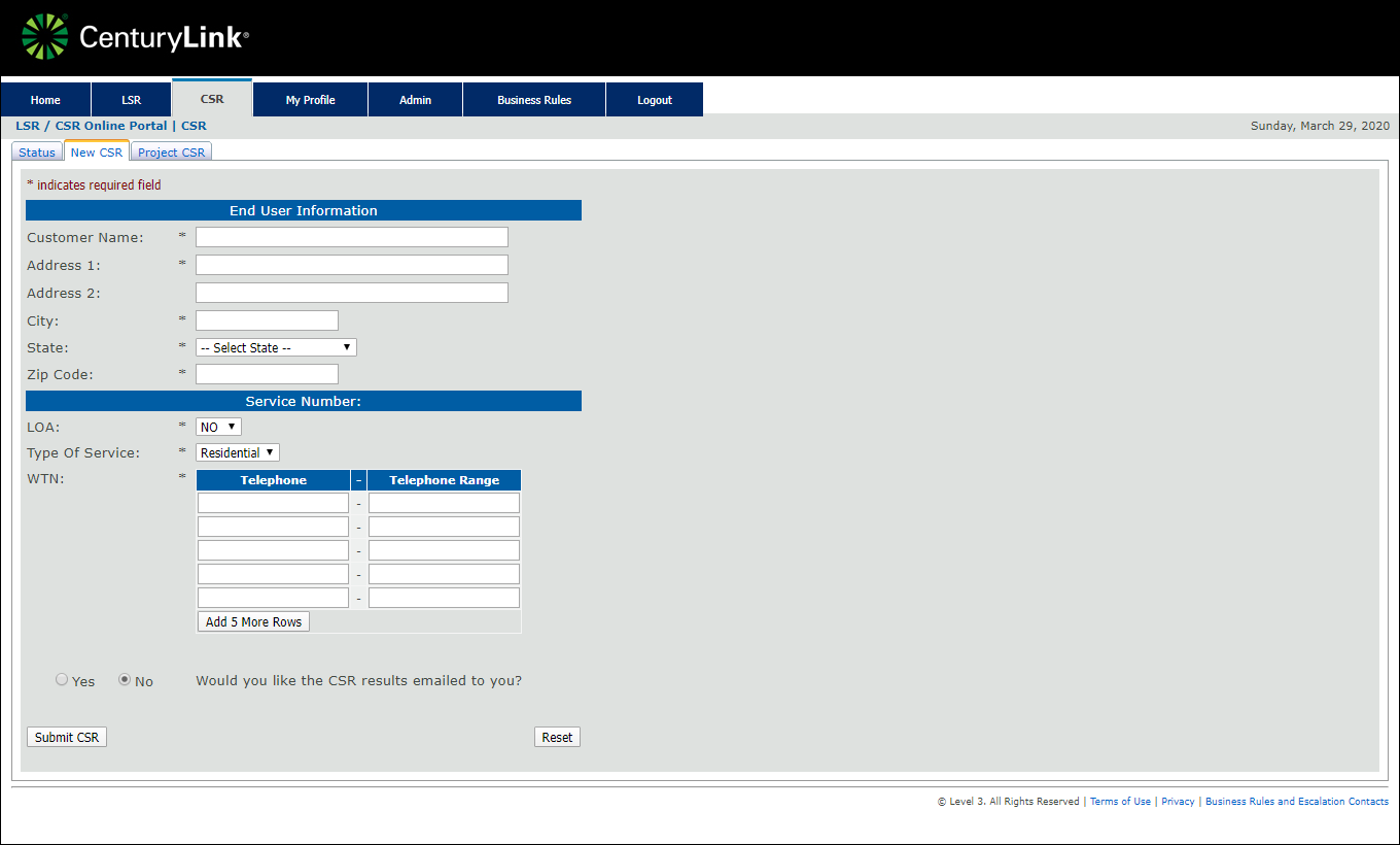 CSR tab (showing New CSR subtab)