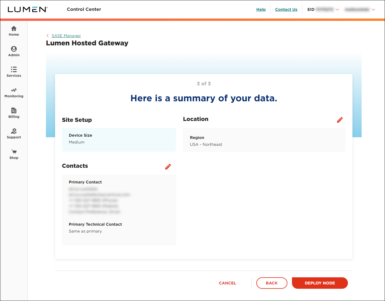 Lumen Hosted Gateway (showing summary)