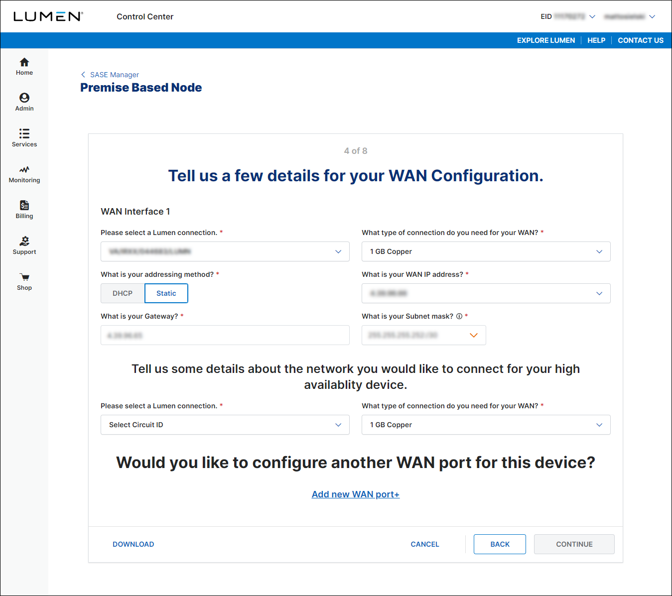 Premise Based Node (showing WAN configuration)