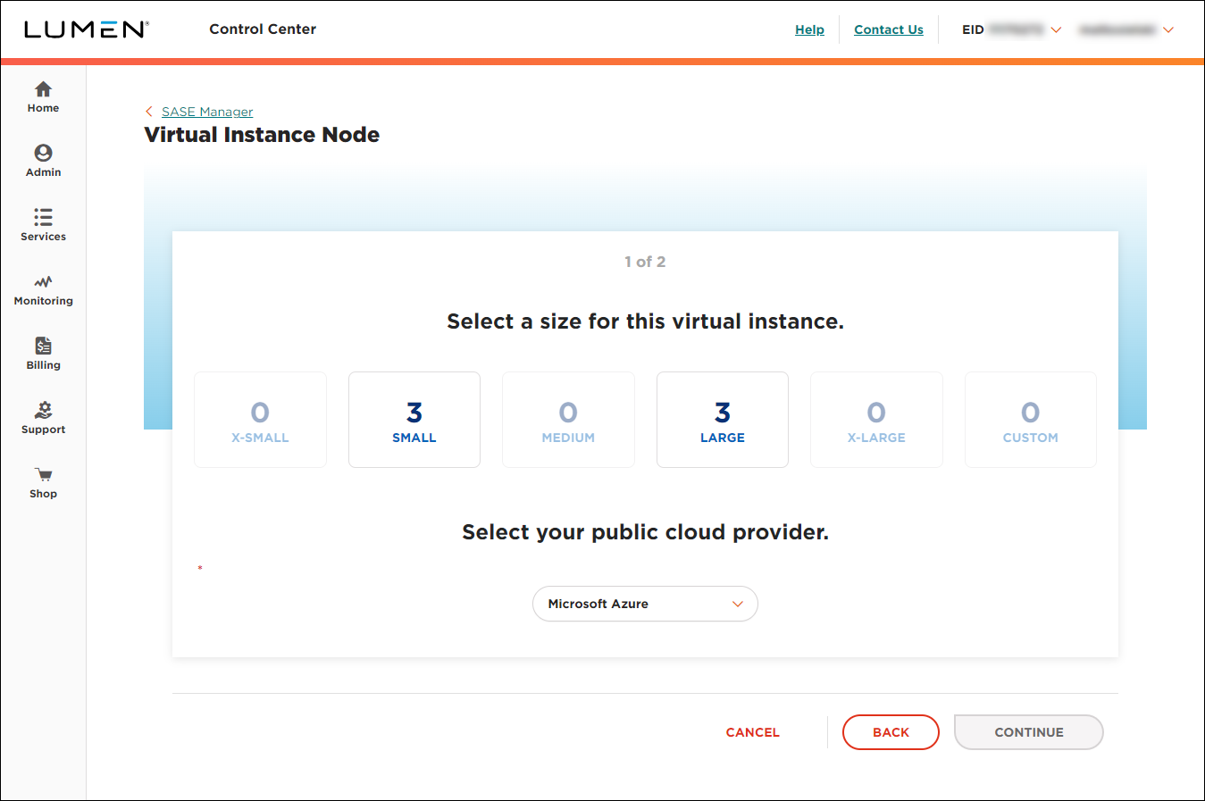 Virtual Instance Node (showing available sizes)