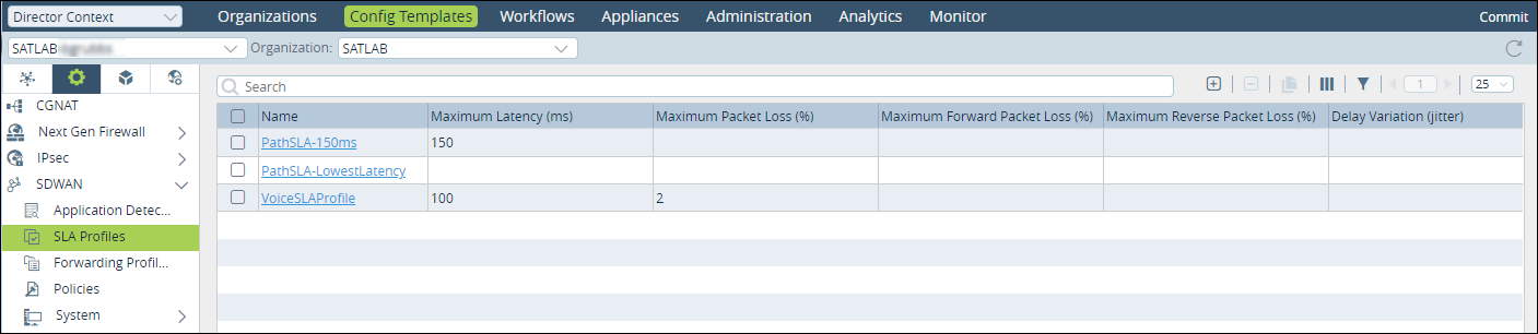 web traffic use case config templates tab sla profiles left nav